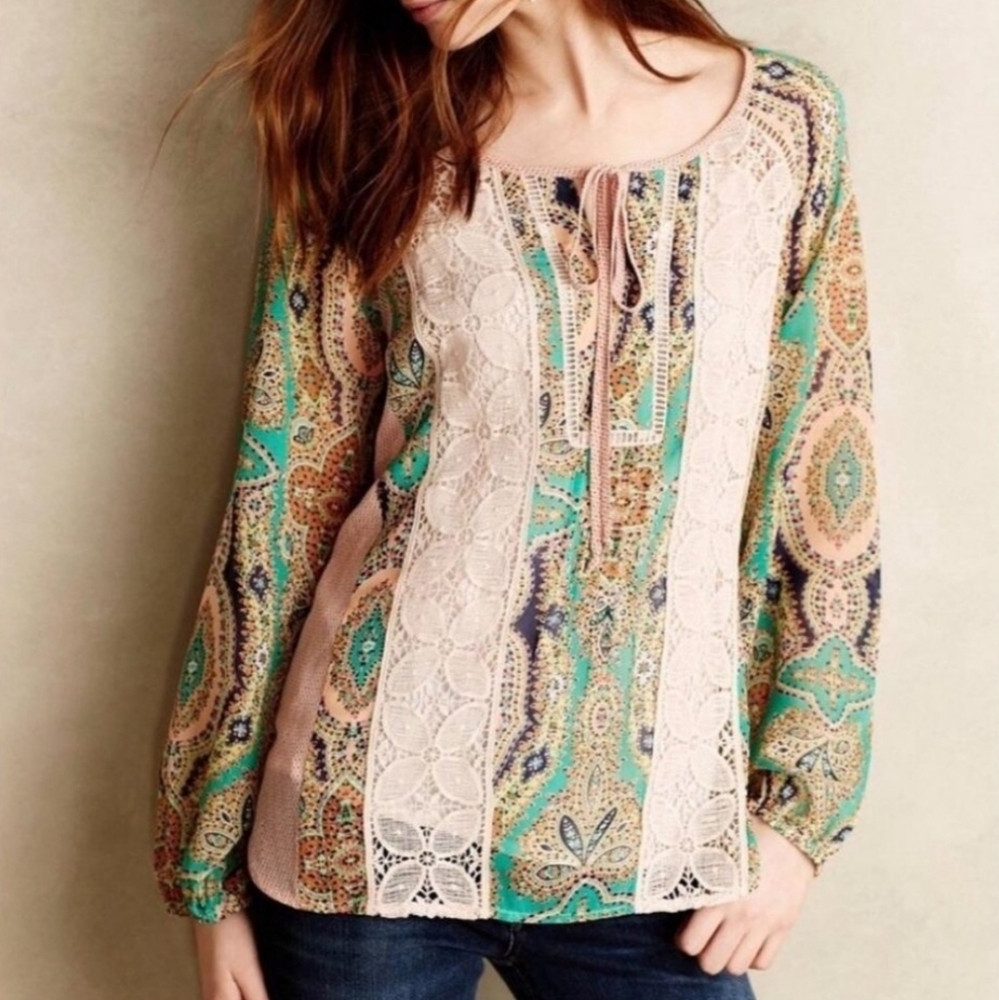Anthropologie Meadow Rue Giada Peasant Floral Crochet Sheer Boho Blouse Size L - Picture 1 of 2